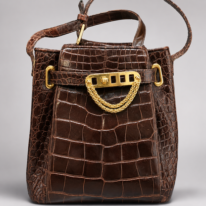 Brown crocodile skin handbag with gold hardware on a gray background