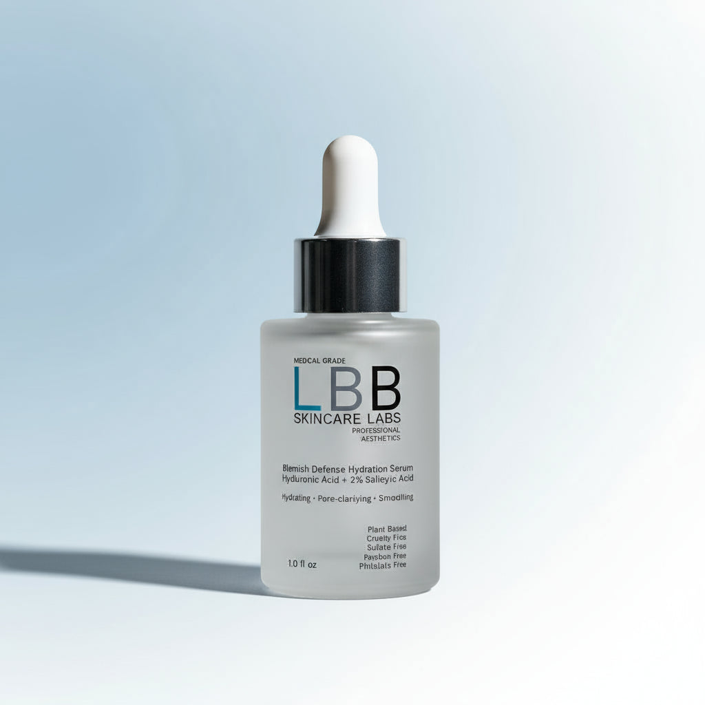 Skincare serum bottle with dropper labeled 'LBB Skincare Labs' on a gray background