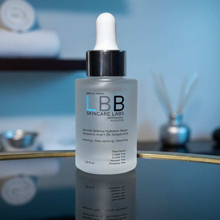 Skincare serum bottle with dropper on a reflective surface