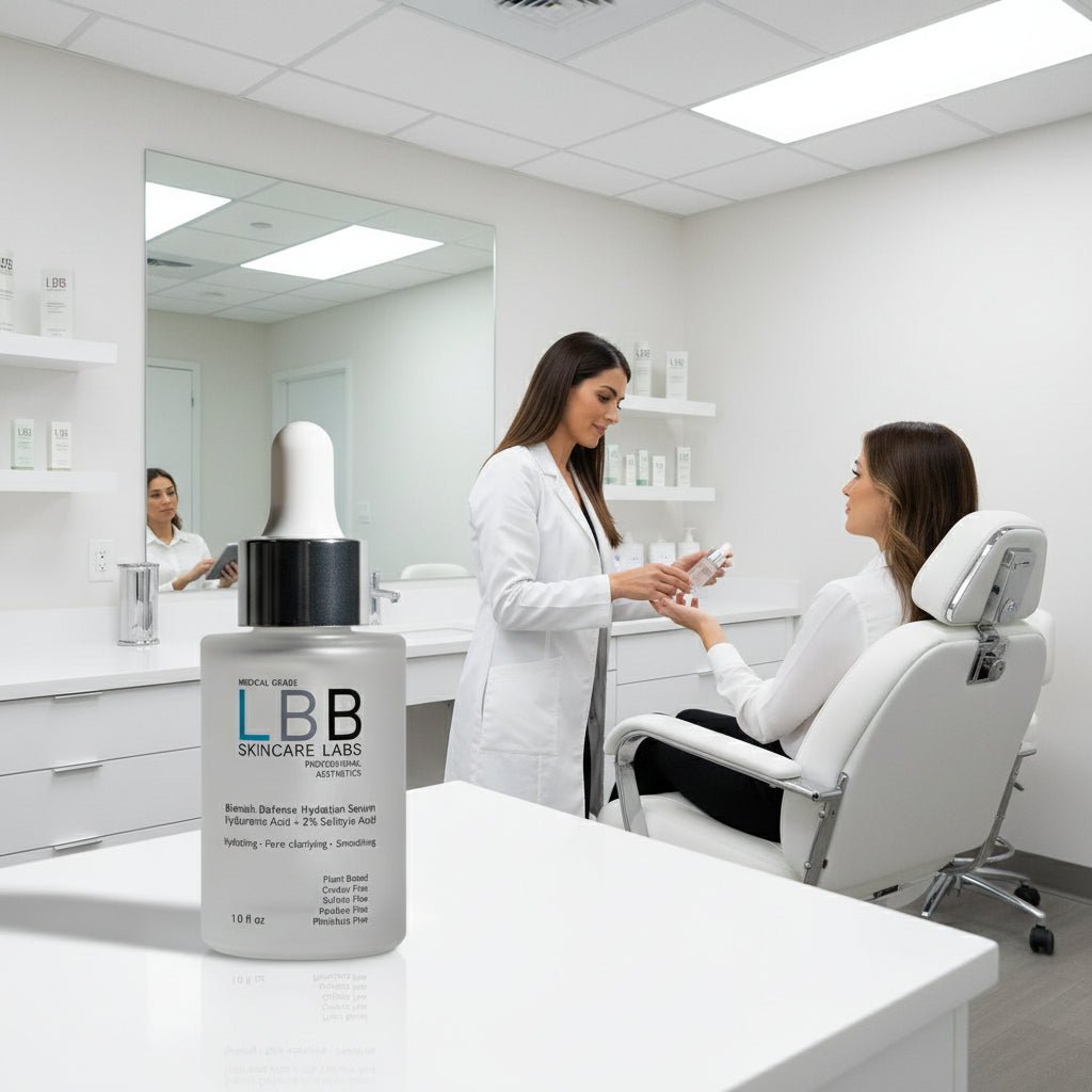 Skincare serum bottle with dropper labeled 'LBB Skincare Labs' on a gray background