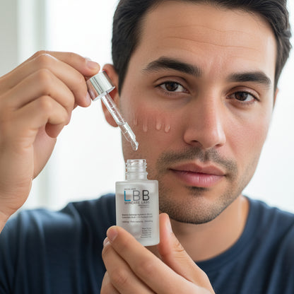 Man holding a bottle of LBB skincare product with a dropper.