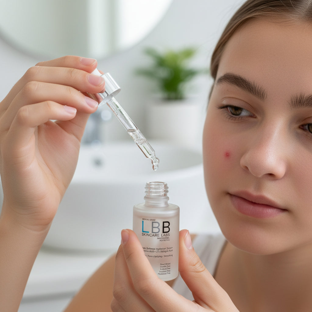 Person using a dropper to apply LBB skincare serum to their face.
