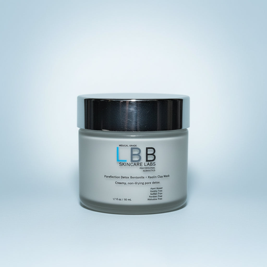 LBB Skincare Labs jar on a reflective surface with a neutral background