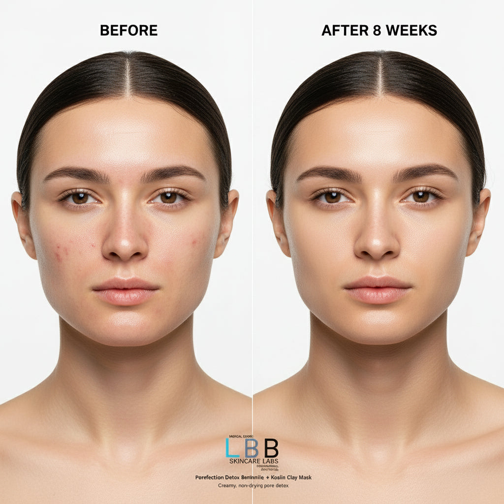 Before and after comparison of a woman's face with visible acne treatment results, featuring the LBB Skincare Labs logo.