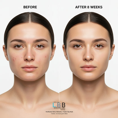 Before and after comparison of a woman's face with visible acne treatment results, featuring the LBB Skincare Labs logo.