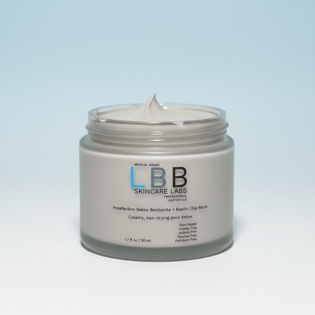 Skincare jar with LBB Skincare Labs branding on a white background