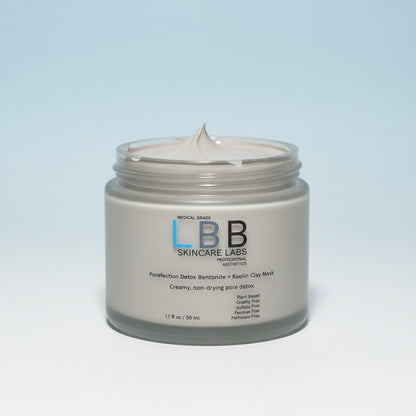 Skincare jar with LBB Skincare Labs branding on a white background