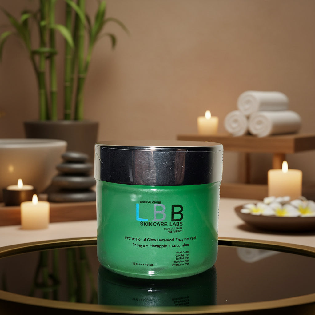 Green jar with black lid on a reflective surface