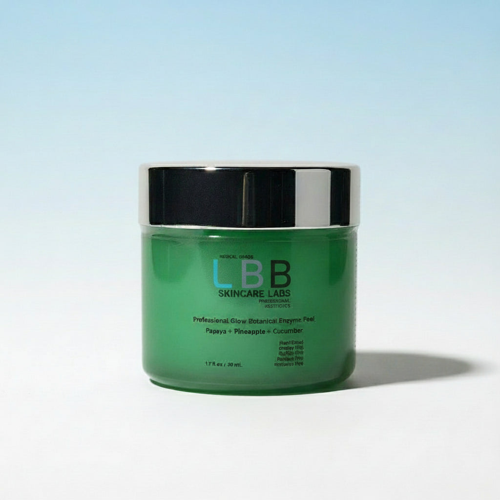 Green jar with black lid labeled 'LBB Skincare Labs' on a white background