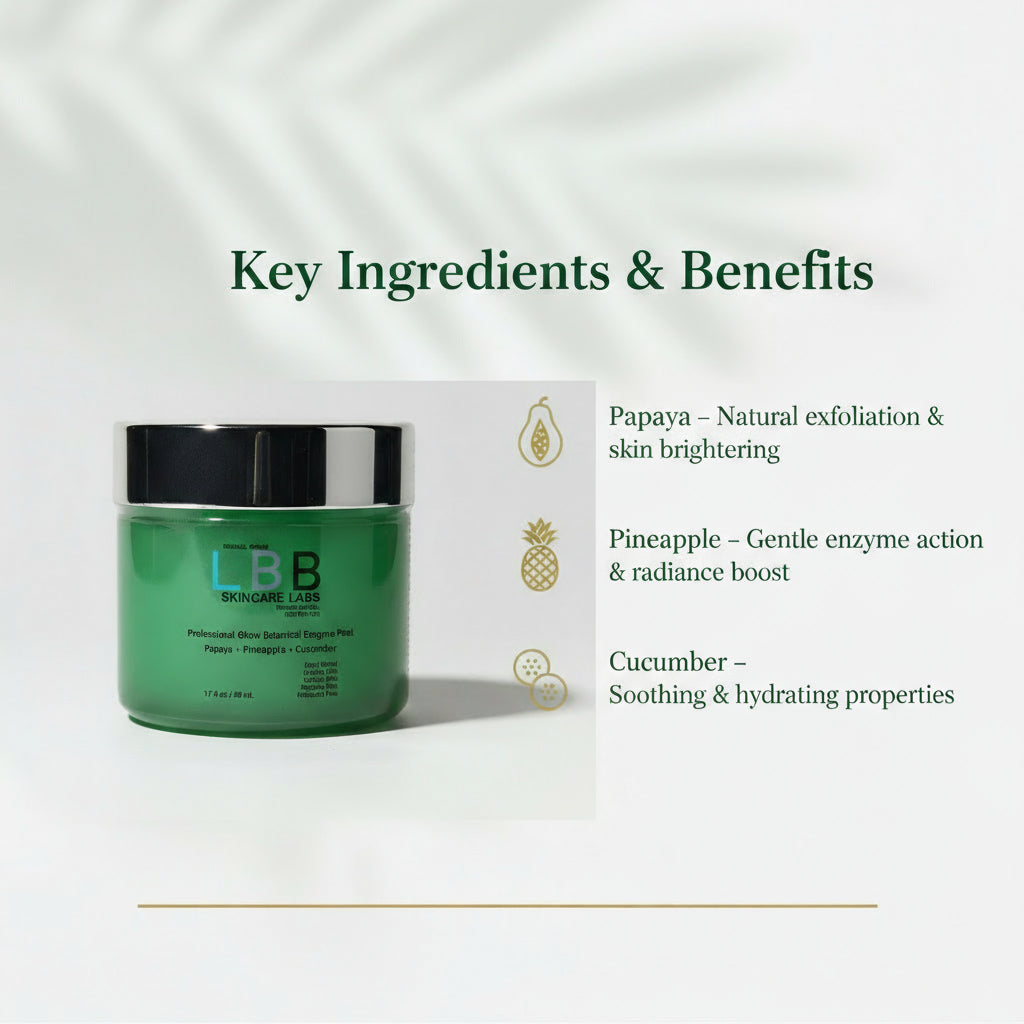 Green jar with LBB branding on a white background, featuring key ingredients and benefits text.