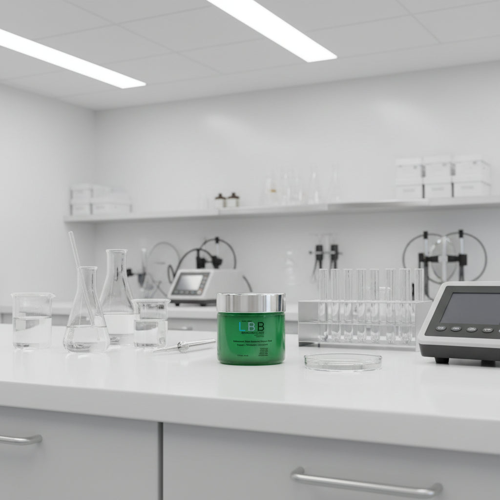 Green jar with black lid labeled 'LBB Skincare Labs' on a white background