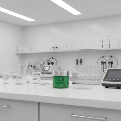 Green jar with black lid labeled 'LBB Skincare Labs' on a white background