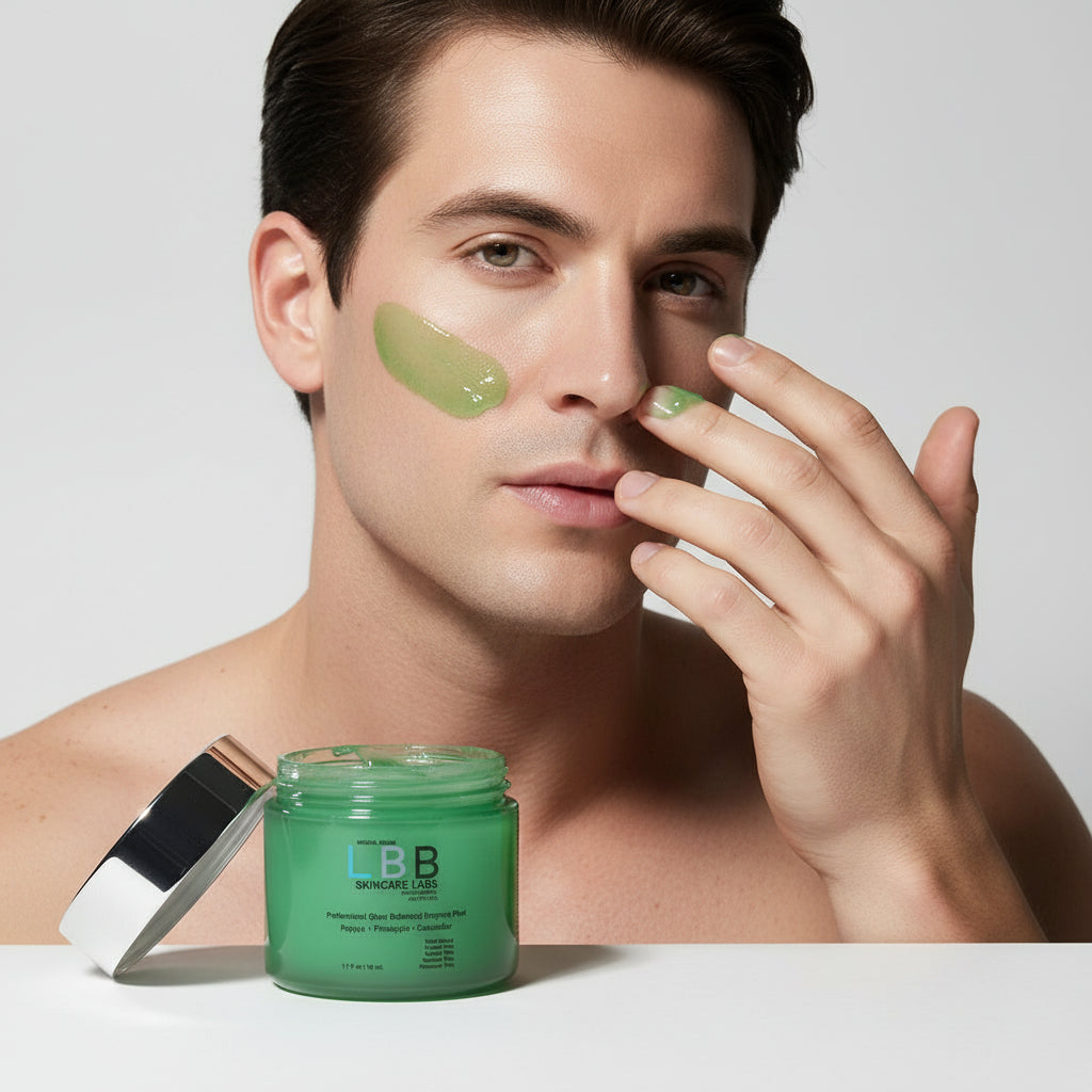 Man applying green facial mask with a jar of LBB Skincare Face product on a white background