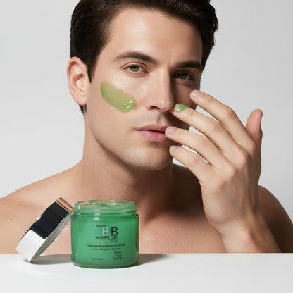 Man applying green facial mask with a jar of LBB Skincare Face product on a white background
