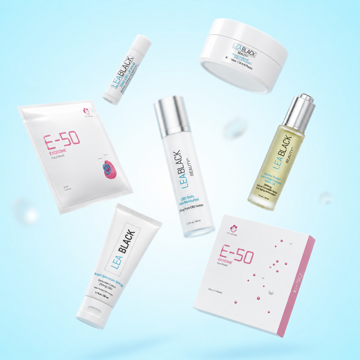 A set of LEA BLACK skincare products and packaging arranged on a light blue background with floating bubble effects. The products include a white jar, a white tube, a white sachet, a white bottle with a silver cap, a pale yellow serum bottle with a silver cap, and a white box with pink accents.