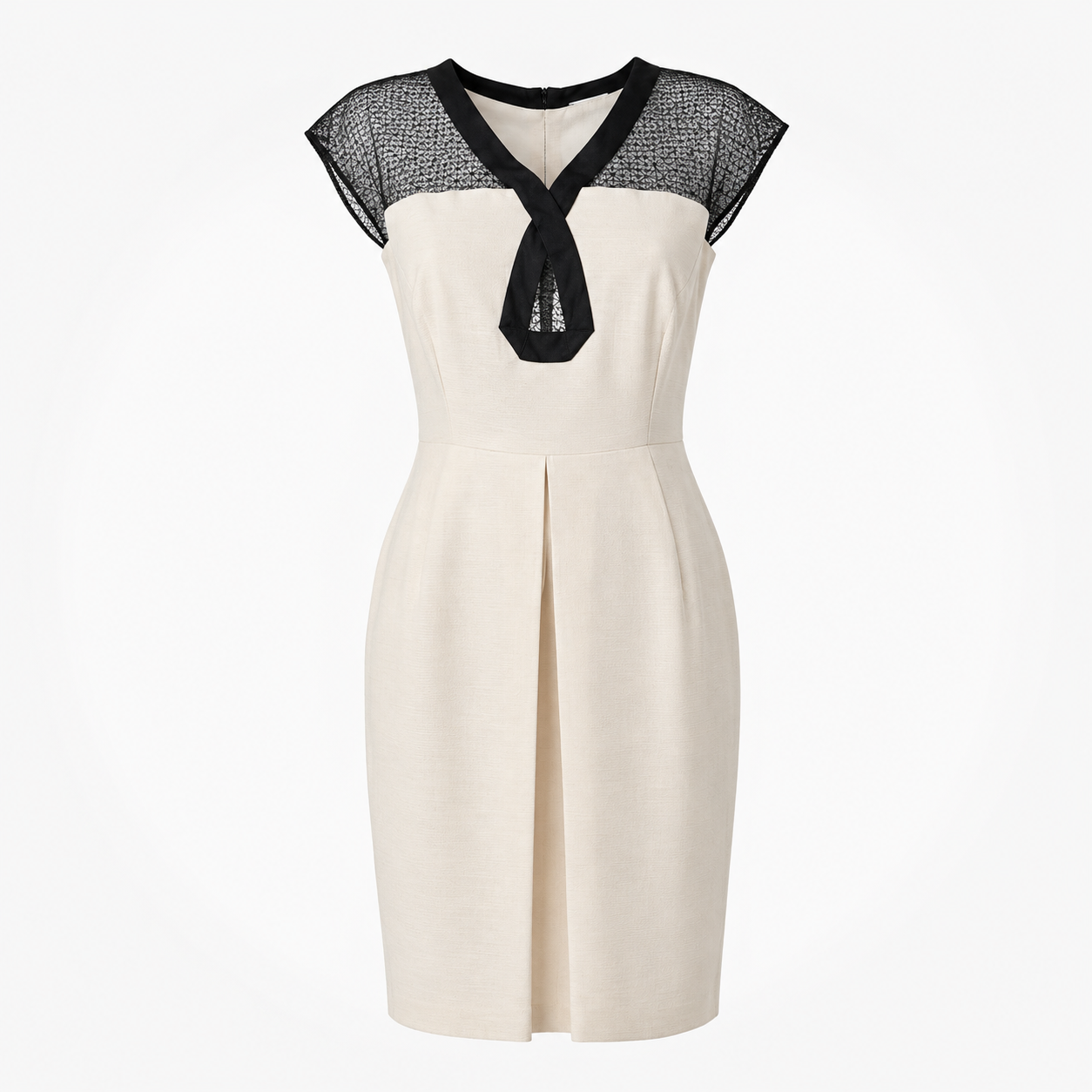White dress with black mesh cap sleeves on a white background