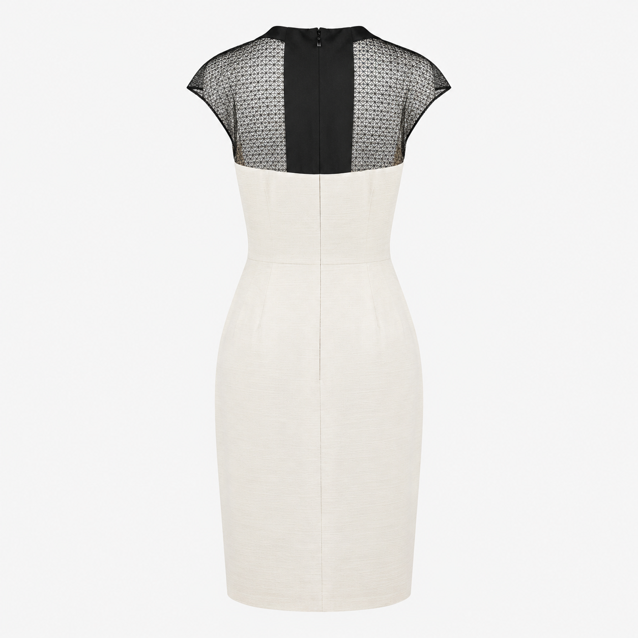 White dress with black mesh cap sleeves on a white background