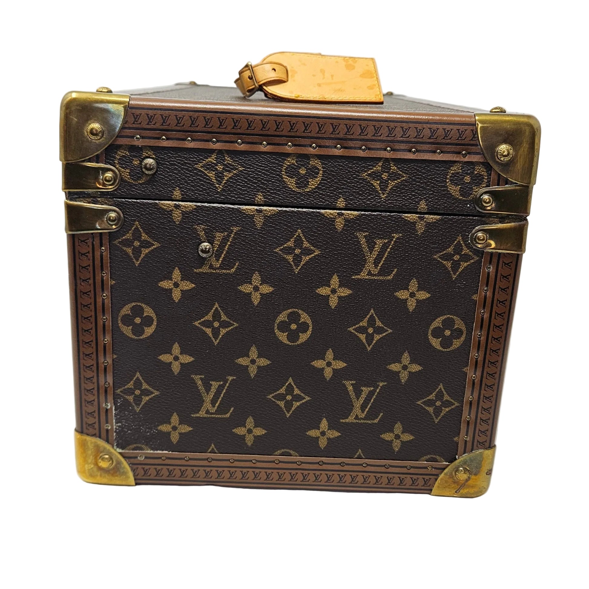 Louis Vuitton suitcase with monogram pattern on a white background