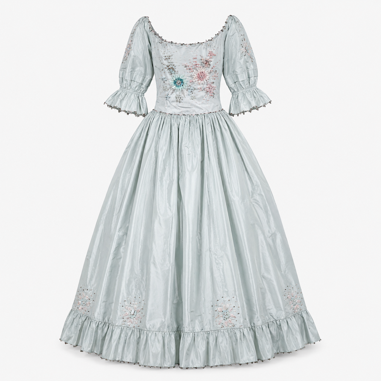 Light blue dress with floral embroidery on a white background