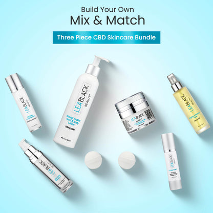 Three-piece CBD skincare bundle with various products on a light blue background