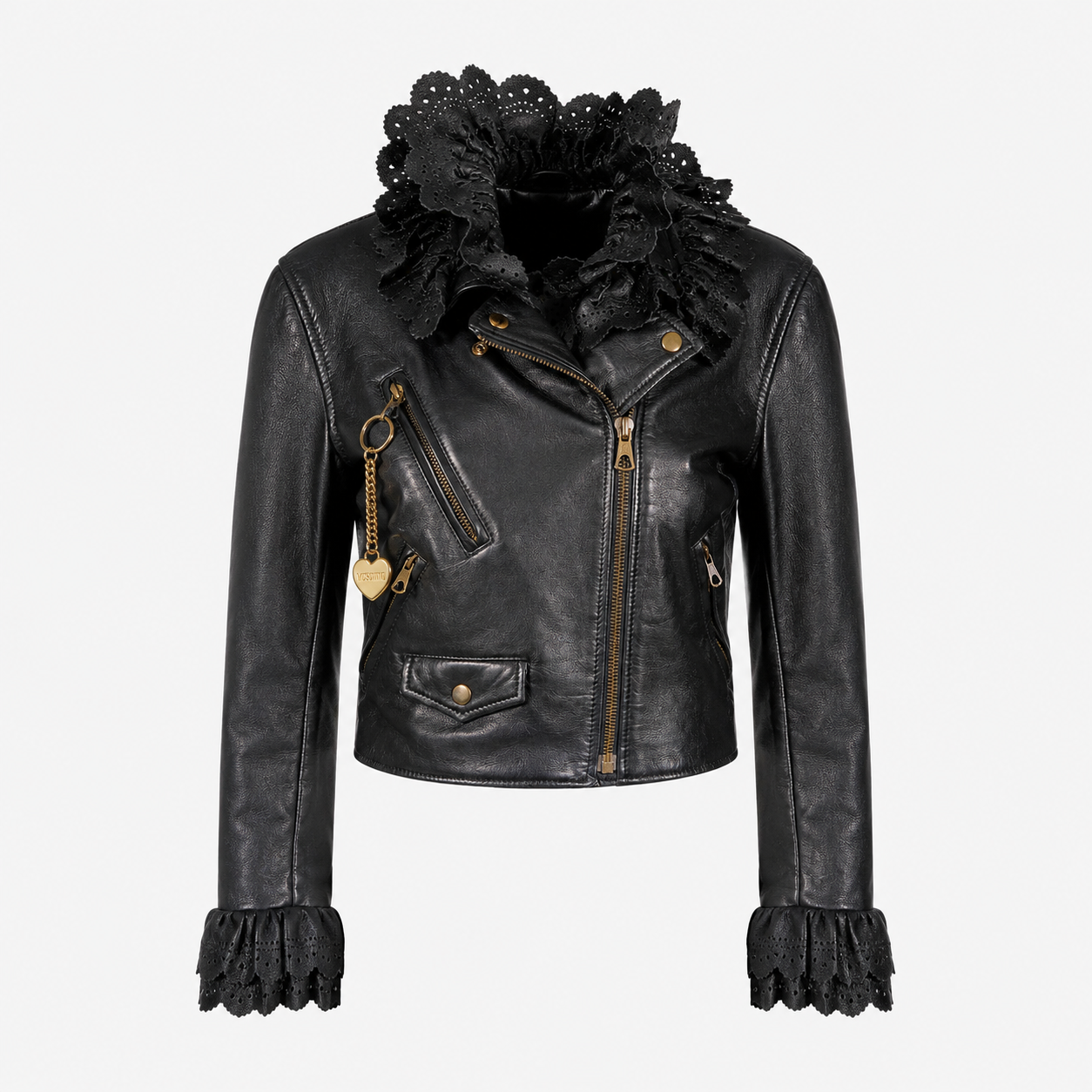 Moschino Black Leather Biker Jacket with Ruffle Collar Size IT 42 | Loved By Lea