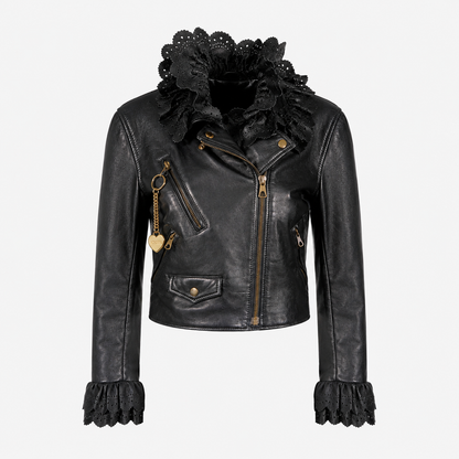 Moschino Black Leather Biker Jacket with Ruffle Collar Size IT 42 | Loved By Lea