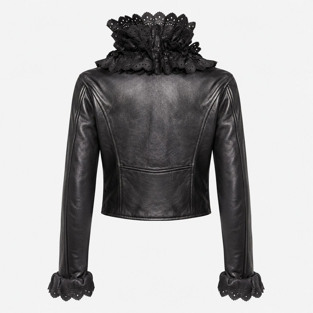 Moschino Black Leather Biker Jacket with Ruffle Collar Size IT 42 | Loved By Lea