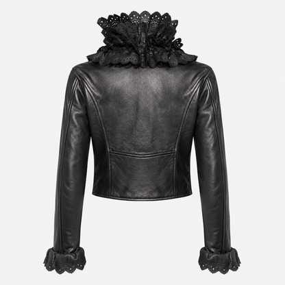 Moschino Black Leather Biker Jacket with Ruffle Collar Size IT 42 | Loved By Lea