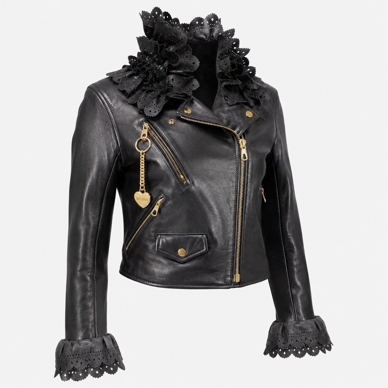 Moschino Black Leather Biker Jacket with Ruffle Collar Size IT 42 | Loved By Lea