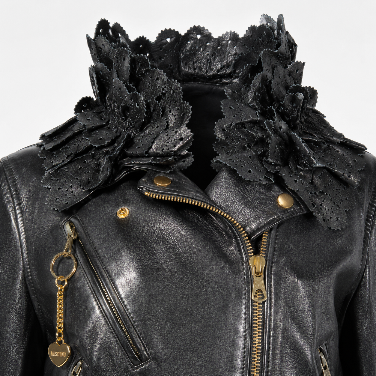Moschino Black Leather Biker Jacket with Ruffle Collar Size IT 42 | Loved By Lea
