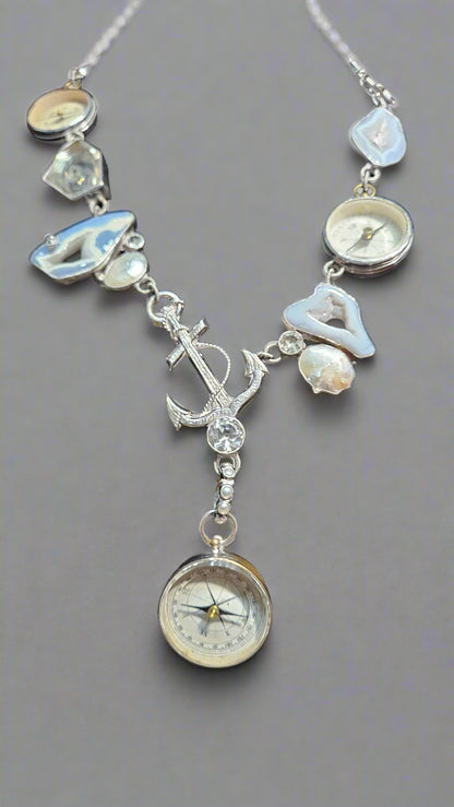 Loved By Lea Custom Nautical Compass & Anchor Statement Necklace – Blue Agate Accents | Neiman Marcus Exclusive