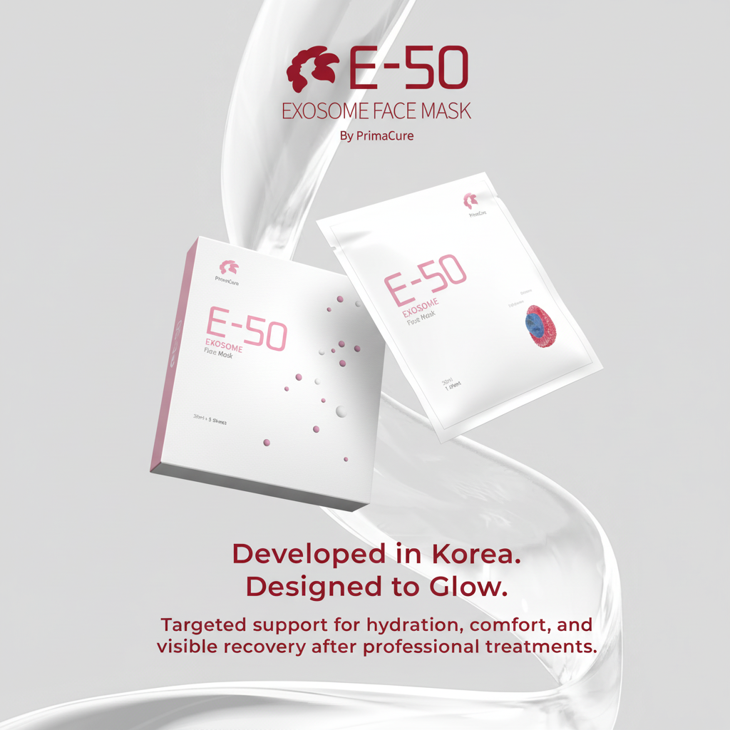 E-50 Exosome Face Mask packaging on a gray background