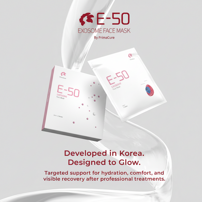 E-50 Exosome Face Mask packaging on a gray background
