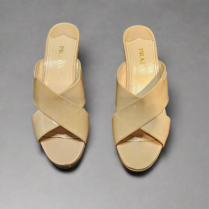 Loved By Lea: Pre-loved Prada Patent Leather Platform Slides – Fair Condition, Neutral, EU 40.5/US10.5