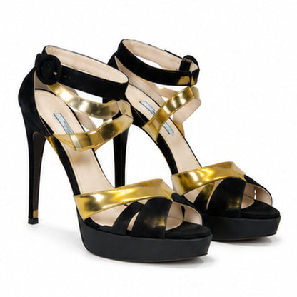 Loved By Lea: Prada black suede gold metallic cross-strap platform sandals pair back view showing covered buckle ankle strap