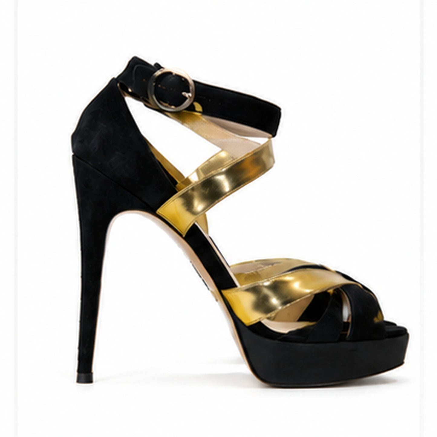 Loved By Lea: Prada black suede gold metallic platform sandals pair back view showing heel and cross-straps