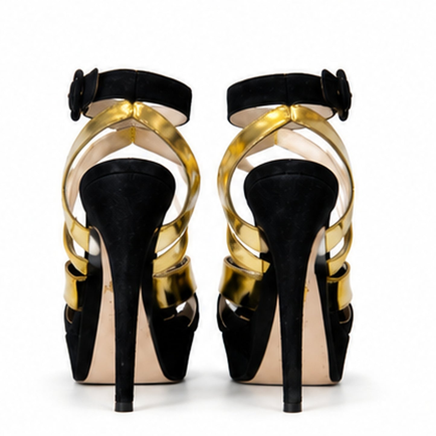 Loved By Lea: Prada black suede gold metallic cross-strap platform sandals top view showing Prada insole label