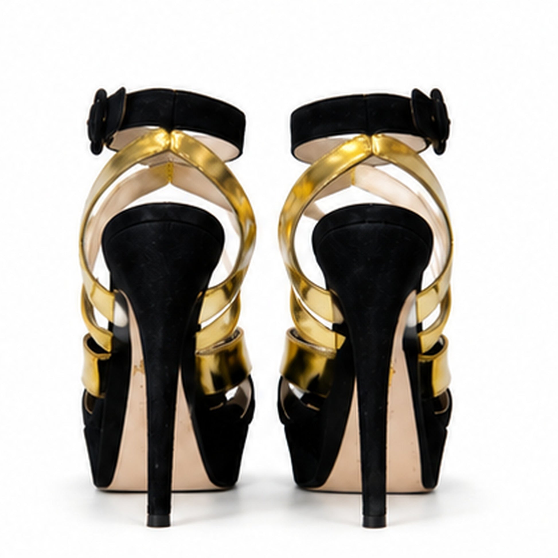Loved By Lea: Prada black suede gold metallic cross-strap platform sandals top view showing Prada insole label