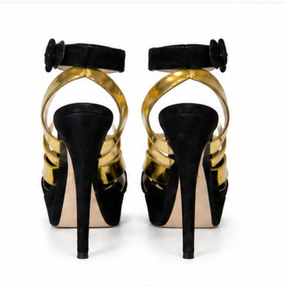 Loved By Lea: Prada black suede platform sandals sole view showing wear