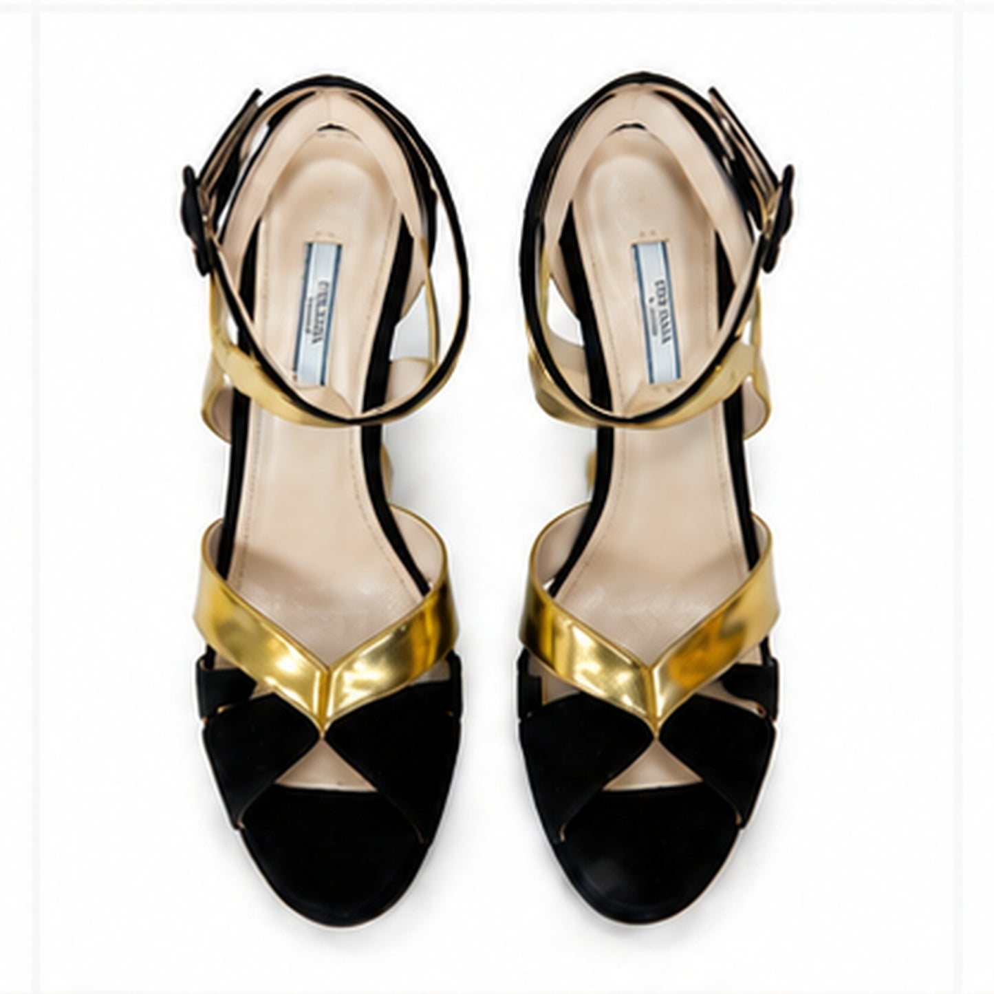 Loved By Lea: Prada black suede gold metallic strap sandals close-up of covered round suede buckle detail