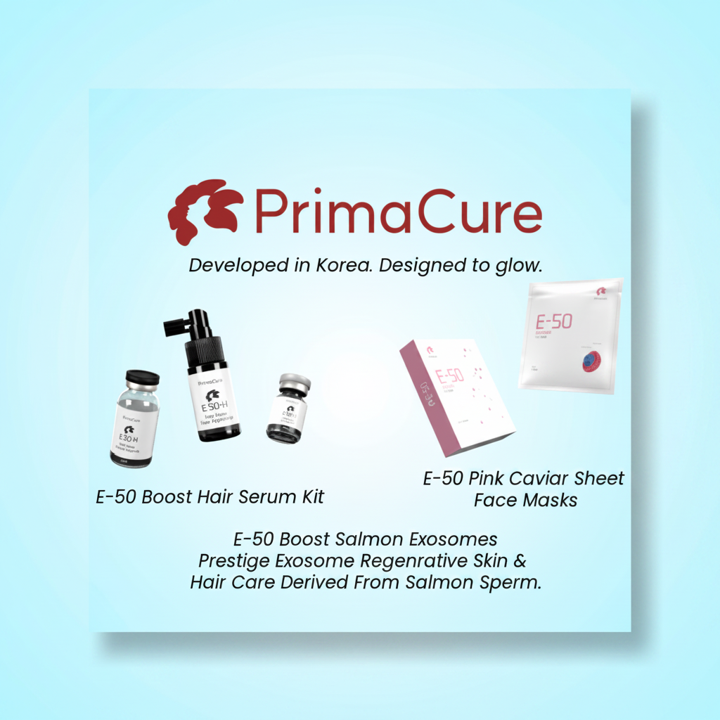PrimaCure skincare products including serum kit and face masks on a light blue background