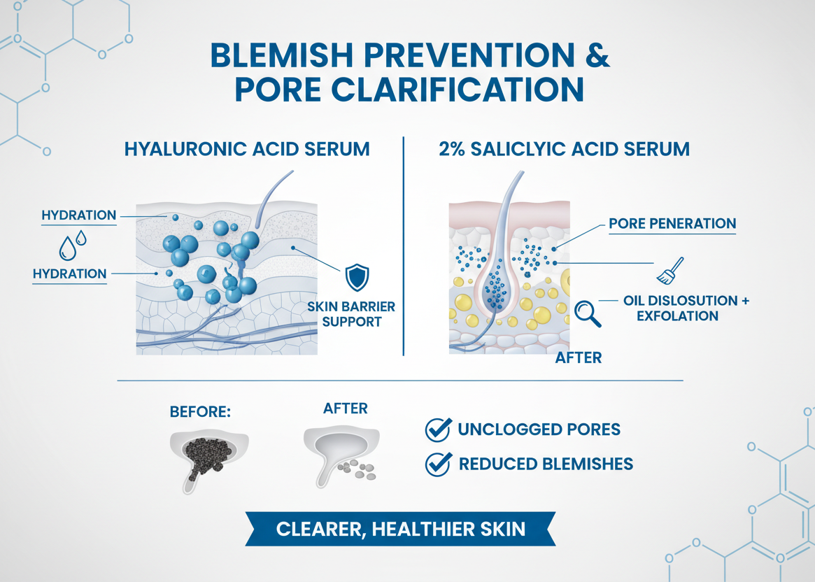 Diagram of blemish prevention and pore clarification with hyaluronic acid serum and salicylic acid serum.