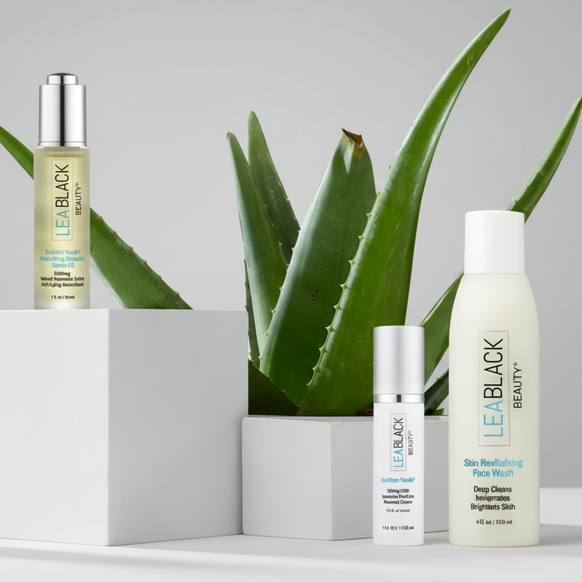 LEA BLACK Beauty skincare products with aloe vera plant on a white background