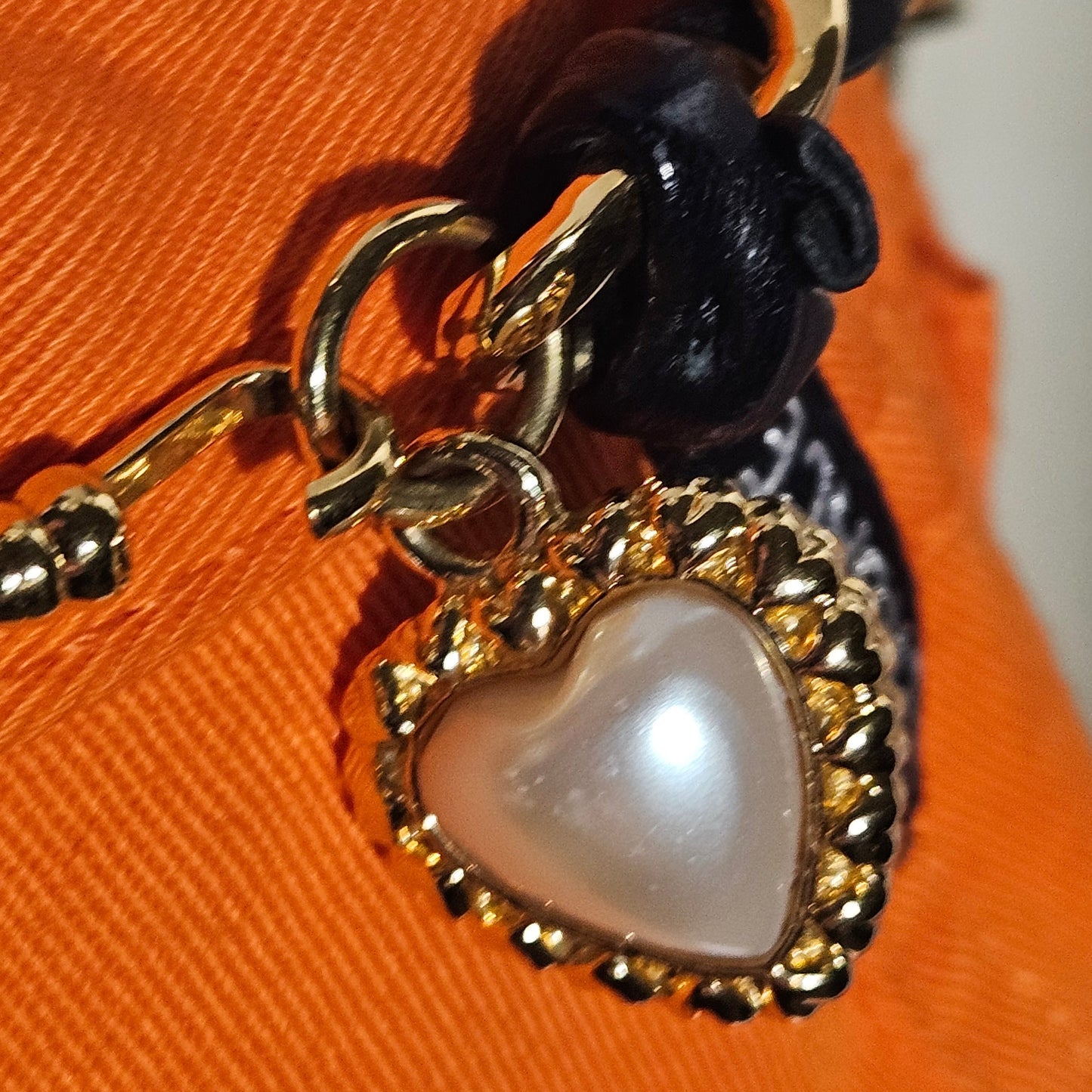 Loved by Lea: St. John Leather-Through Gold Chain Belt with Pearl Heart Charms — Size 32 — With Box