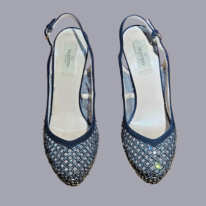 Loved By Lea: Valentino Garavani Black Rhinestone-Embellished Leather Sandal Pumps (Size 40)