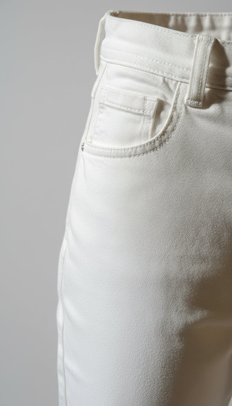Close-up of beige pants with a visible stain on the fabric.
