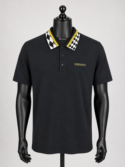 Black Versace polo shirt on a mannequin with a checkered collar against a gray background