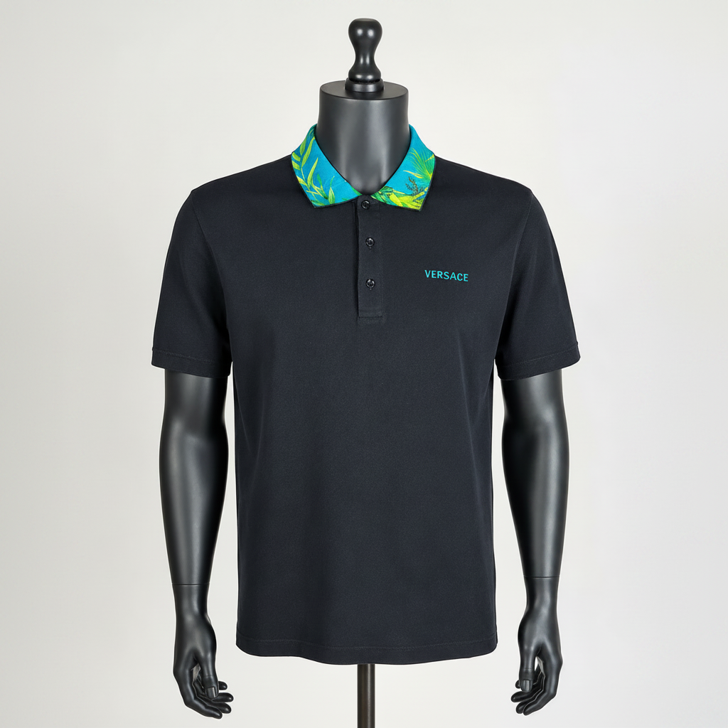 Black Versace polo shirt on a mannequin with a colorful collar against a white background