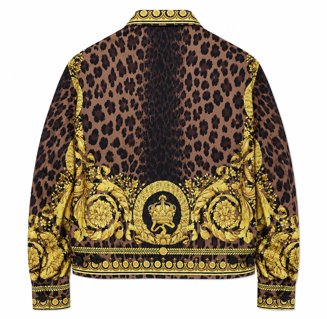 Leopard print jacket with gold embroidery on a white background