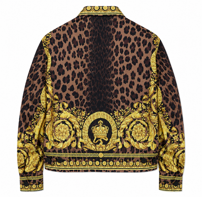 Leopard print jacket with gold embroidery on a white background